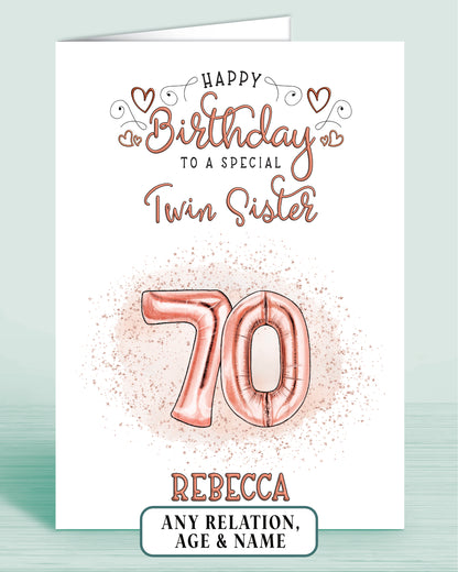 70th Birthday Card, Twin Sister Birthday Card, Personalised Birthday Card for Her (approx 6x6 inches, inc envelope) - Oliver Rose Designs