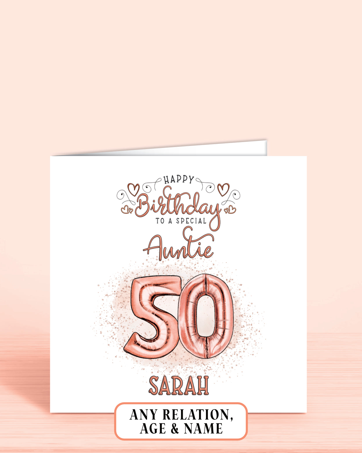 50th Birthday Card, Auntie Birthday Card, Personalised Birthday Card for Her (approx 6x6 inches, inc envelope) - Oliver Rose Designs