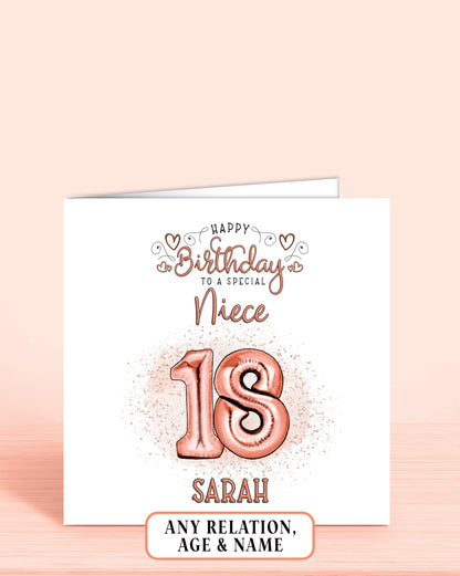 18th Birthday Card, Niece Birthday Card, Personalised Birthday Card for Her (approx 6x6 inches, inc envelope) - Oliver Rose Designs