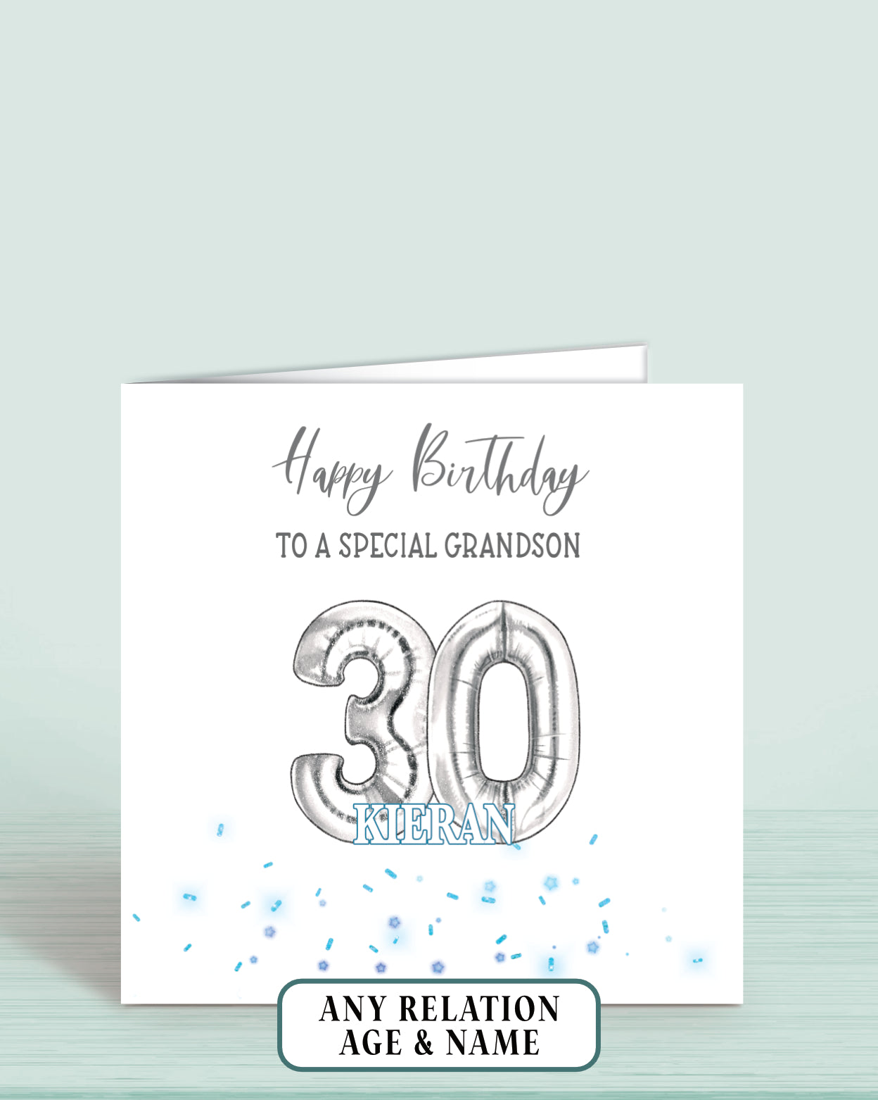Grandson Birthday Card, 30th Birthday Card, Blue & Silver Effect Birthday Card, Any Age, Any Relation & Add A Name | Oliver Rose Designs