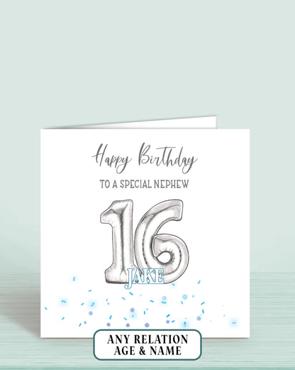 Nephew Birthday Card, 16th Birthday Card, Blue & Silver Effect Birthday Card, Any Age, Any Relation & Add A Name | Oliver Rose Designs