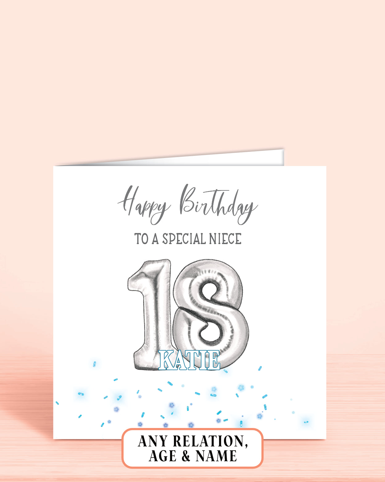 Niece Birthday Card, 18th Birthday Card, Blue & Silver Effect Birthday Card, Any Age, Any Relation & Add A Name | Oliver Rose Designs