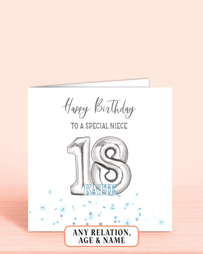 Niece Birthday Card, 18th Birthday Card, Blue & Silver Effect Birthday Card, Any Age, Any Relation & Add A Name | Oliver Rose Designs
