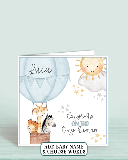 Hot Air-Balloon Personalised New Baby Boy Card in Blue, Congrats on the Tiny Human | Oliver Rose Designs