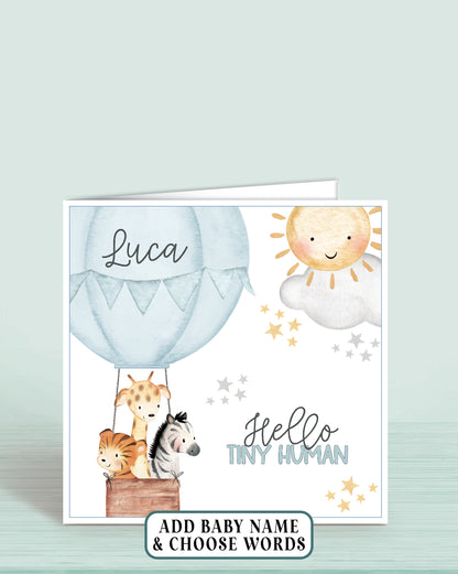 Hot Air-Balloon Personalised New Baby Boy Card in Blue, Hello Tiny Human | Oliver Rose Designs
