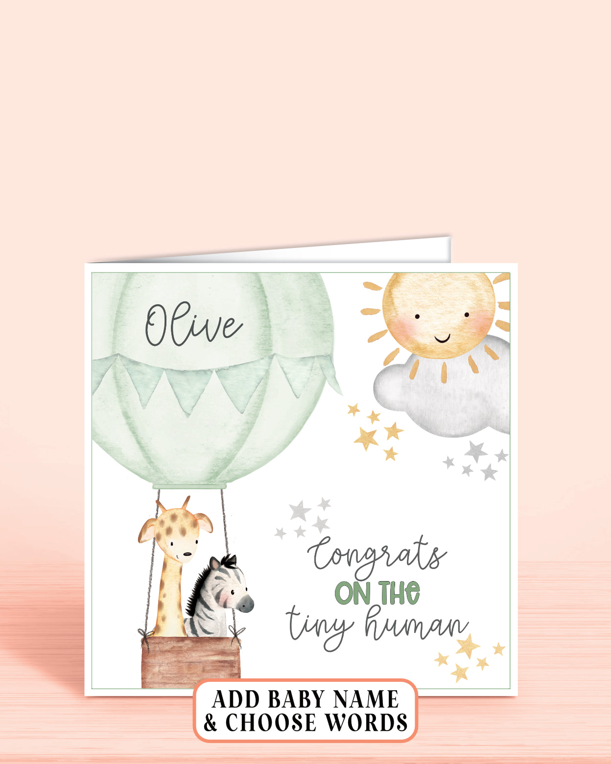 Hot Air-Balloon Personalised New Baby Boy or Girl Card in Green, Congrats on the Tiny Human | Oliver Rose Designs
