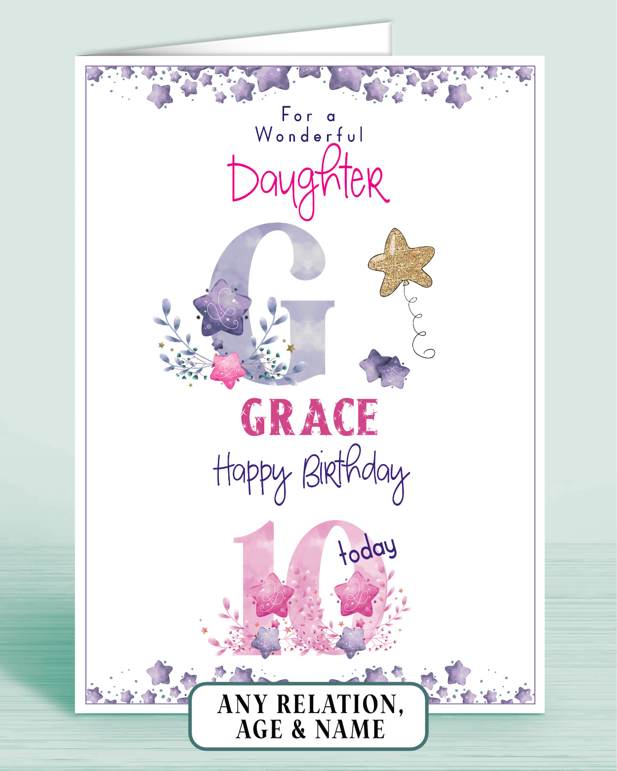 For a Wonderful Daughter 10th Birthday Card, Personalised MONOGRAM Birthday Card [Choose Age & Relation] | OLIVER ROSE DESIGNS