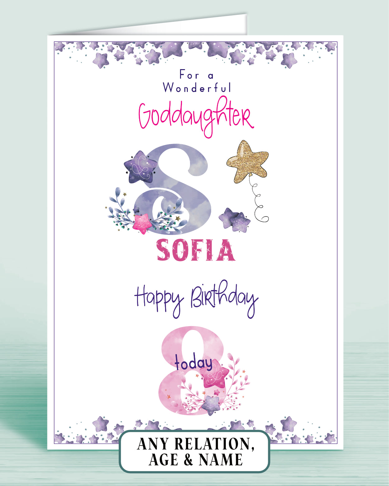 For a Wonderful Goddaughter 8th Birthday Card, Personalised MONOGRAM Birthday Card [Choose Age & Relation] | OLIVER ROSE DESIGNS