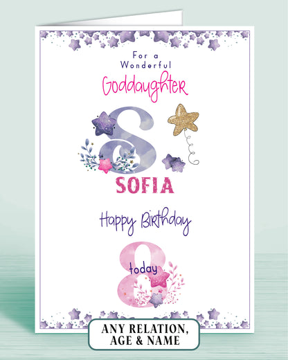For a Wonderful Goddaughter 8th Birthday Card, Personalised MONOGRAM Birthday Card [Choose Age & Relation] | OLIVER ROSE DESIGNS