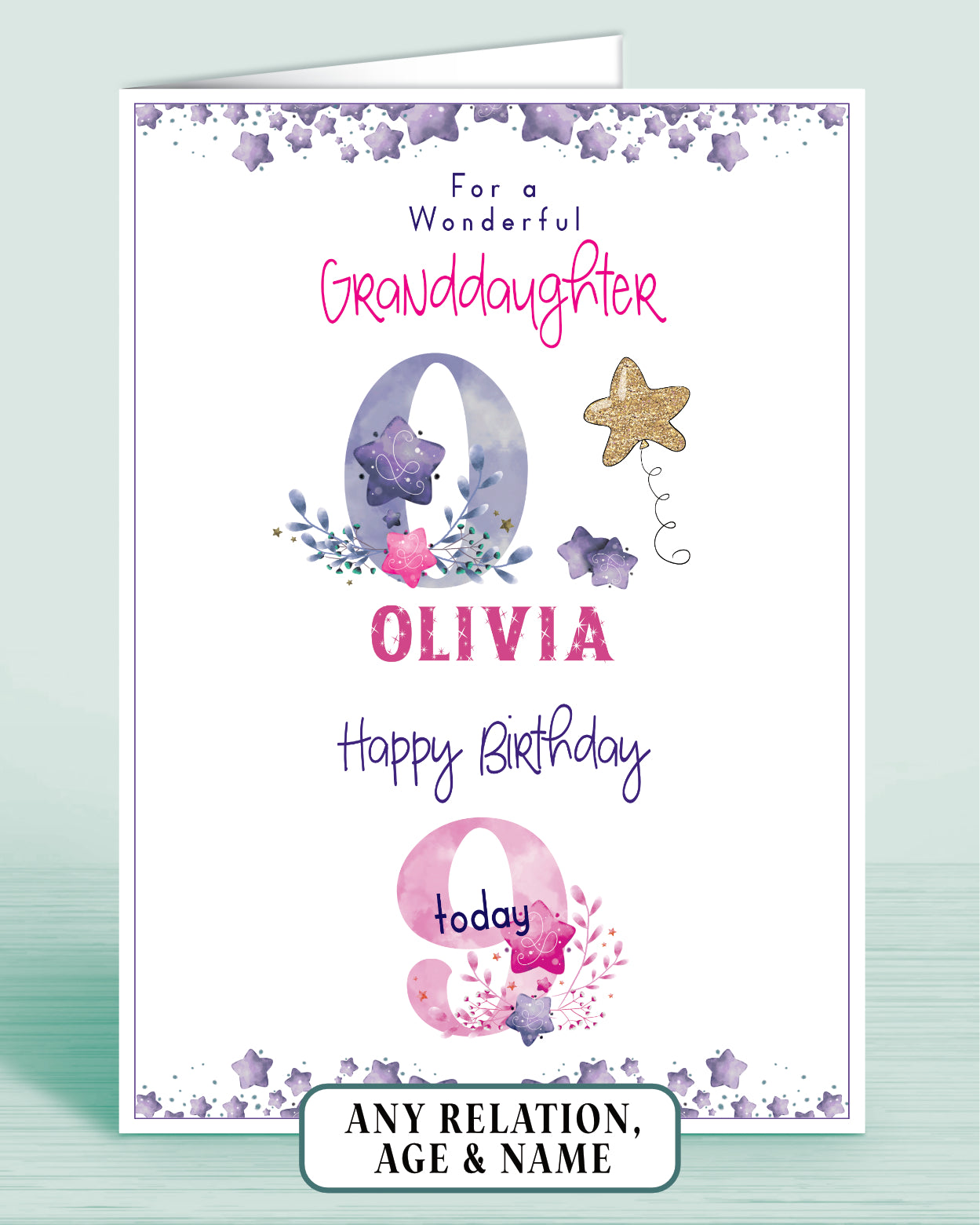 For a Wonderful Granddaughter 9th Birthday Card, Personalised MONOGRAM Birthday Card [Choose Age & Relation] | OLIVER ROSE DESIGNS