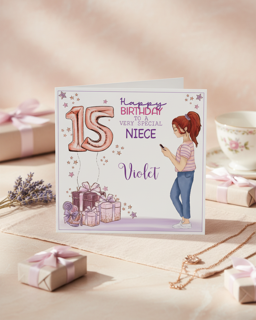 Lifestyle image of teen girl birthday card, age 15 niece | Oliver Rose Designs