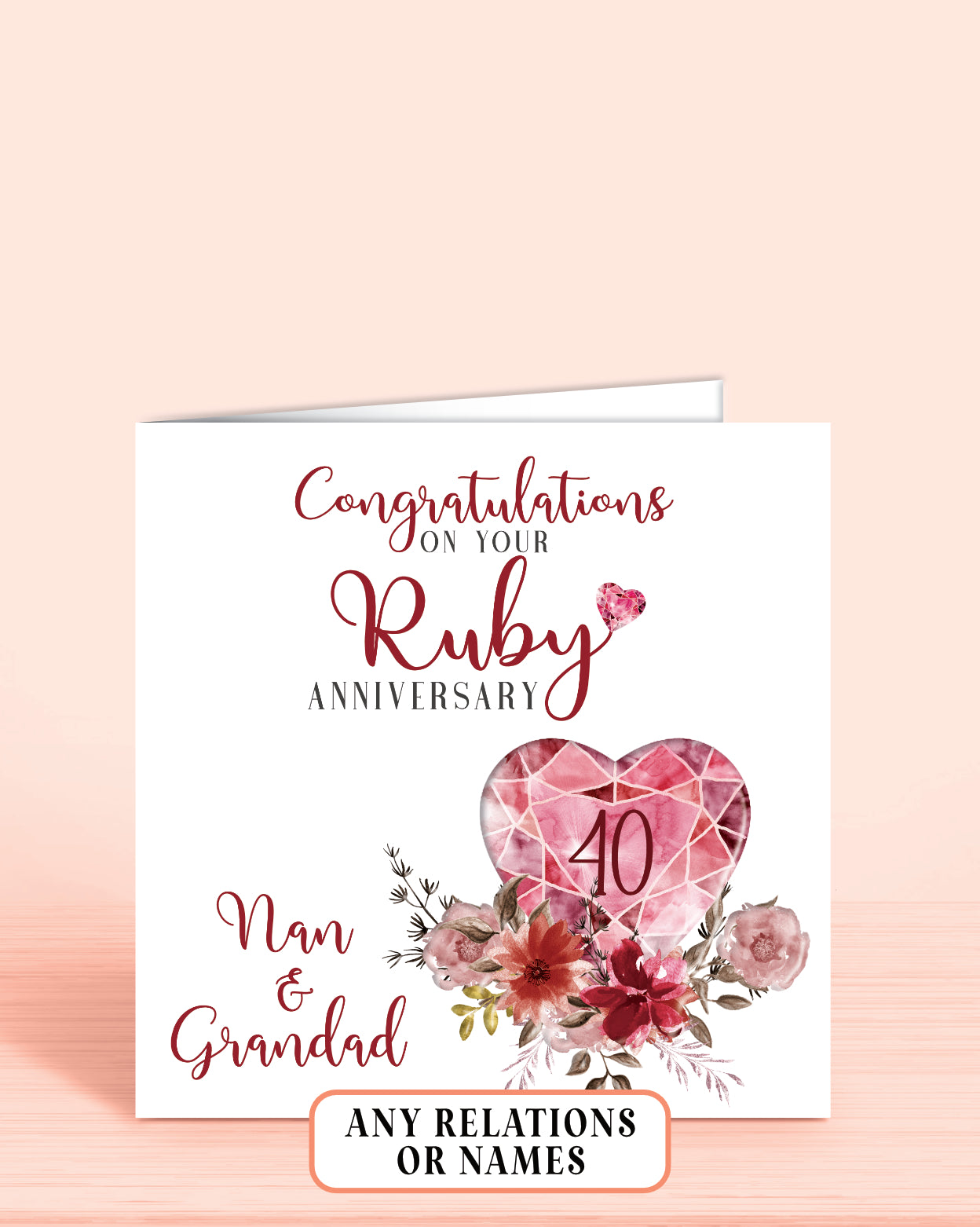 40th Ruby Anniversary Card, Congratulations on your Ruby Anniversary, Nan & Grandad, 40 years | Oliver Rose Designs