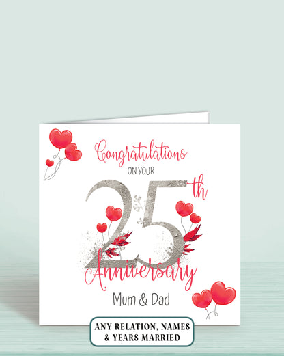 Anniversary card for 25th anniversary with red hearts and floral elements for Mum & Dad, Parents