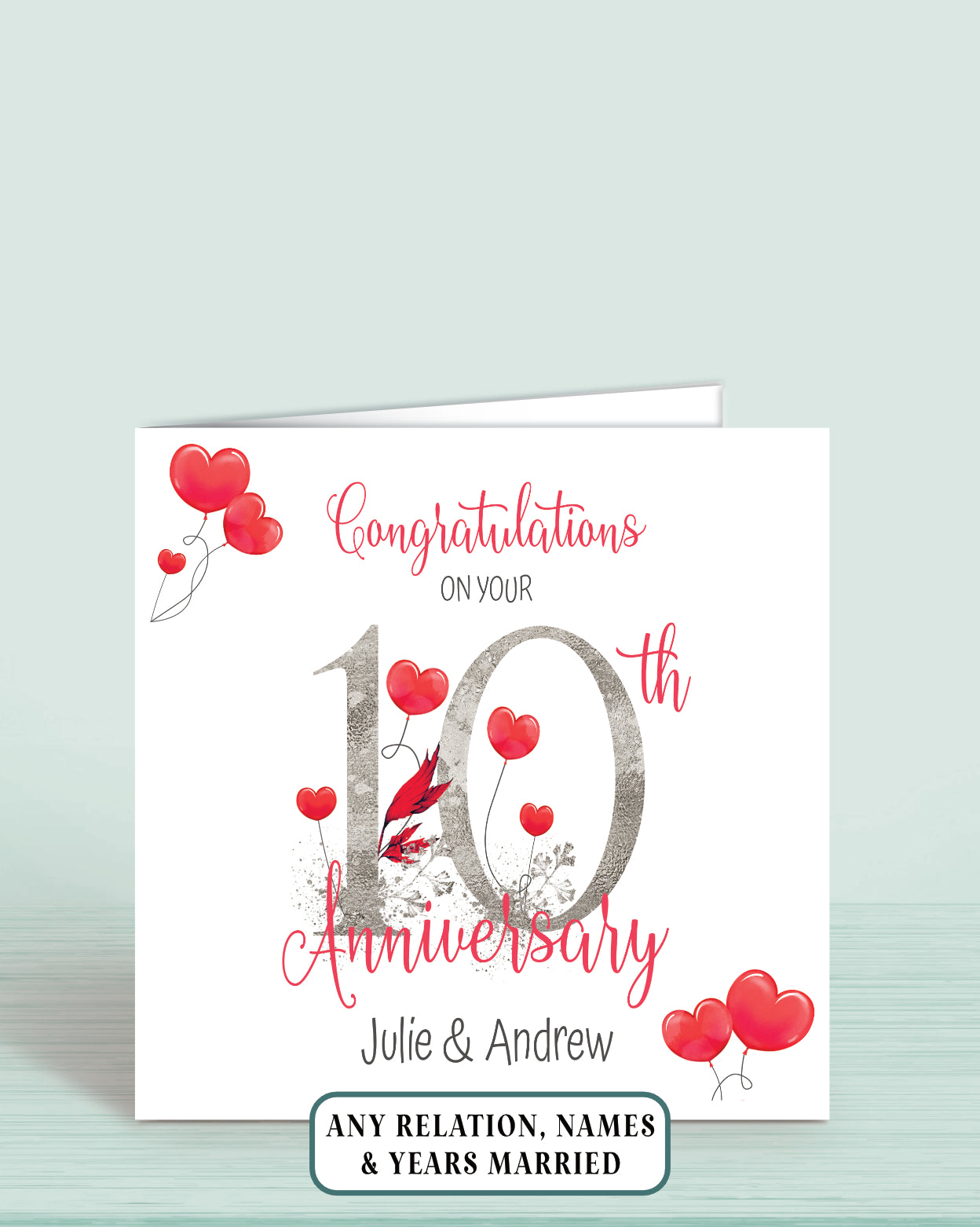 Anniversary card for 10th anniversary with red hearts and floral elements, Personalised with Couples Names