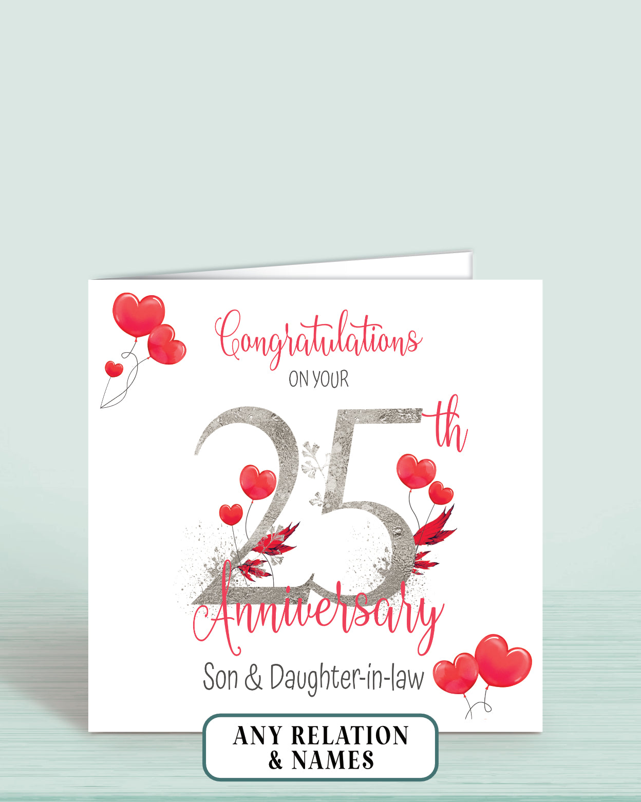 Son & Daughter-in-law Anniversary card for 25th anniversary with red hearts and floral elements