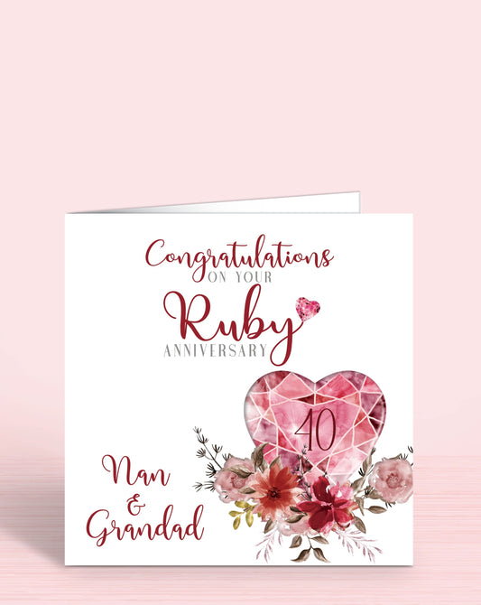 40th Ruby Anniversary Card, Congratulations on your Ruby Anniversary, Nan & Grandad, 40 years | Oliver Rose Designs