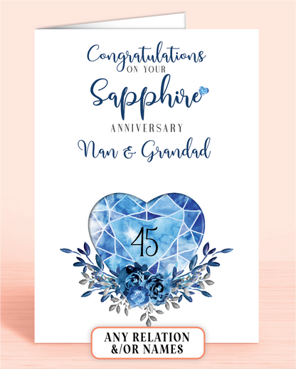 45th Sapphire Wedding Anniversary Card for Nan & Grandad, Congratulations on your Sapphire Anniversary, personalisation optional | Oliver Rose Designs