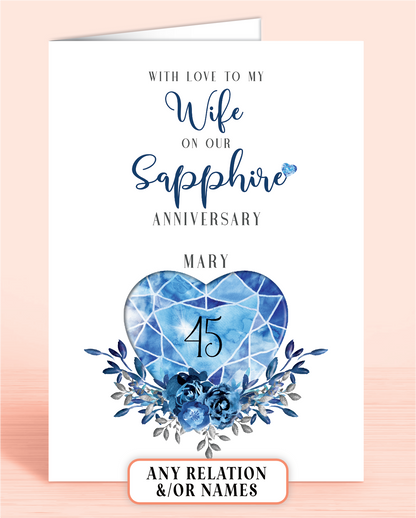 45th Sapphire Wedding Anniversary Card for Wife, With love to my Wife on our Sapphire Anniversary, personalisation optional | Oliver Rose Designs