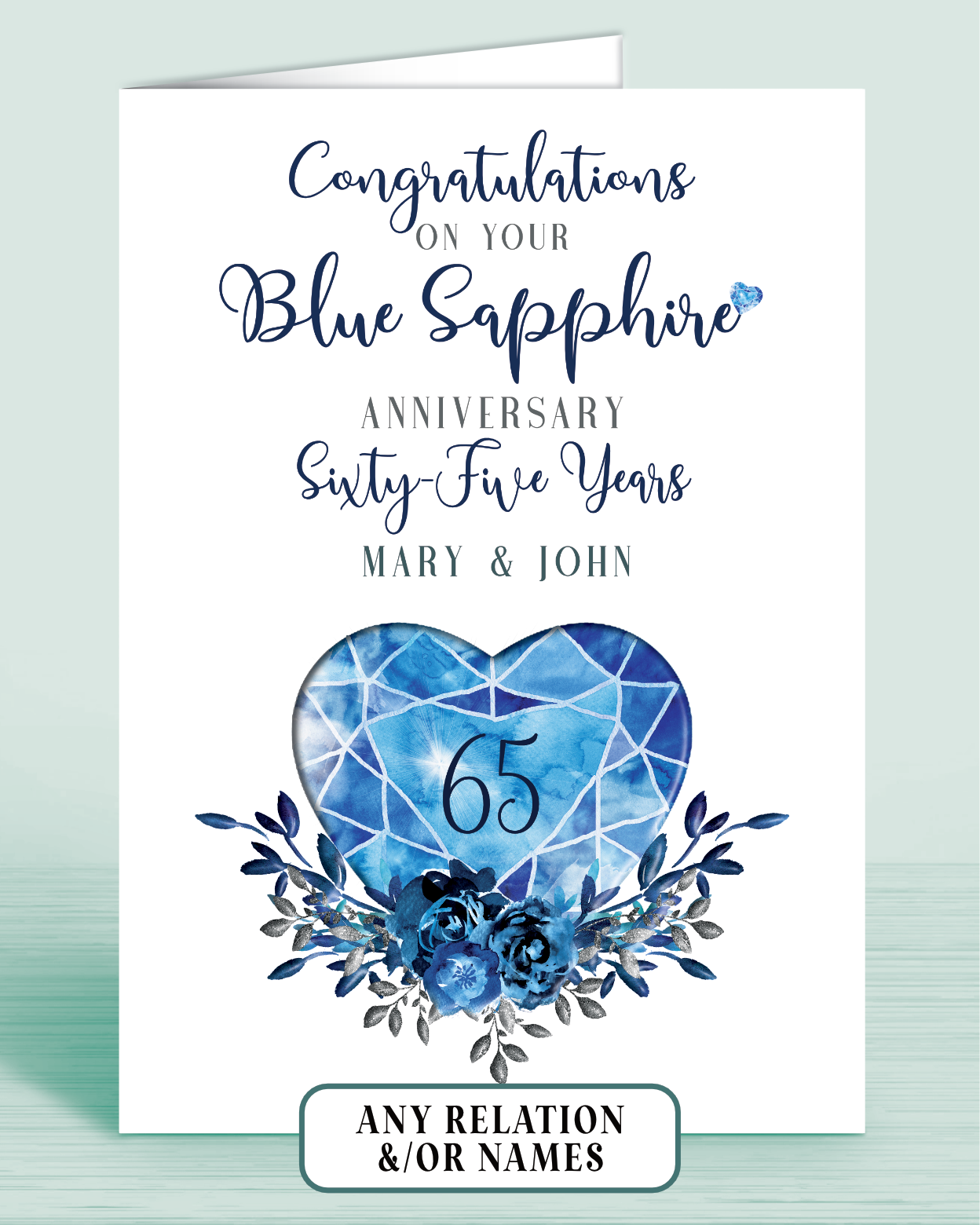 65th Blue Sapphire Wedding Anniversary Card for Couple 65 Years, Congratulations on your Blue Sapphire Anniversary, personalisation optional | Oliver Rose Designs
