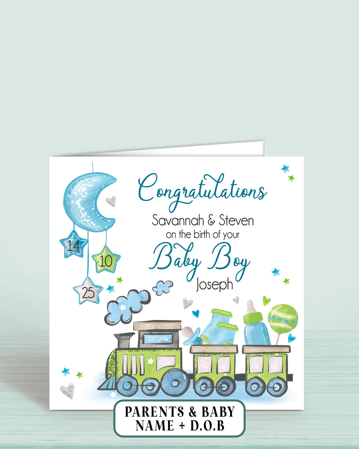 New Baby Boy Congratulations Card in Blue for New parents, Personalised with Parents Names, baby Name & Baby Date of Birth if required, Train Design | Oliver Rose Designs