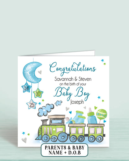New Baby Boy Congratulations Card in Blue for New parents, Personalised with Parents Names, baby Name & Baby Date of Birth if required, Train Design | Oliver Rose Designs