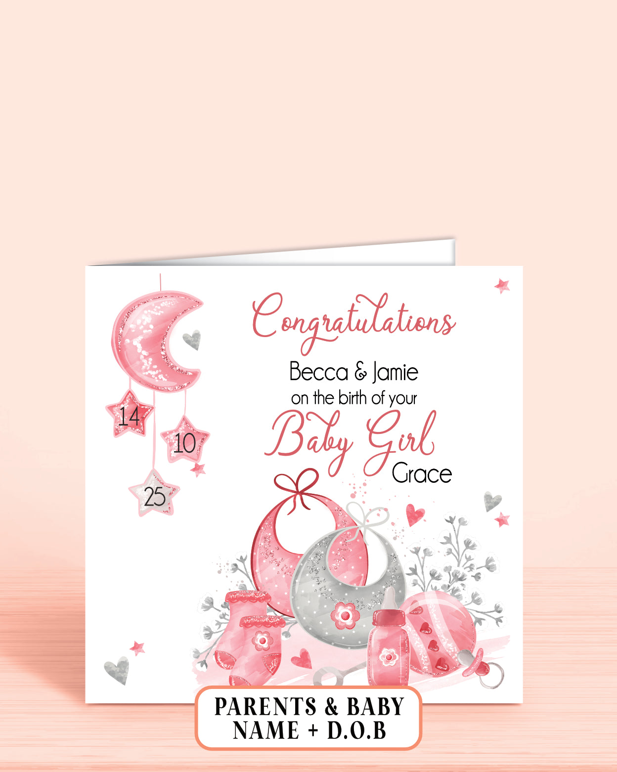 New Baby Girl Congratulations Card in Pink for New parents, Personalised with Parents Names, baby Name & Baby Date of Birth if required | Oliver Rose Designs