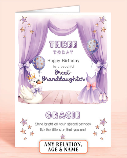 Birthday card for a great-granddaughter with lilac & purple design featuring a Swan, Ballet Dress & Shoes, and balloons set on a curtained stage.