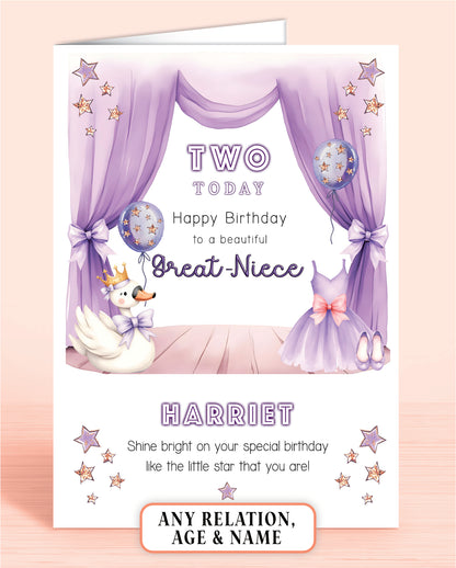 Birthday card for a great-niece with lilac & purple design featuring a Swan, Ballet Dress & Shoes, and balloons set on a curtained stage.