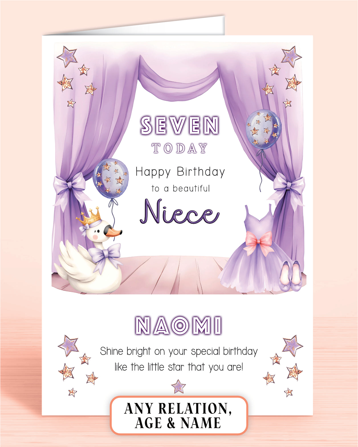 Birthday card for a niece with lilac & purple design featuring a Swan, Ballet Dress & Shoes, and balloons set on a curtained stage.