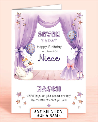 Birthday card for a niece with lilac & purple design featuring a Swan, Ballet Dress & Shoes, and balloons set on a curtained stage.