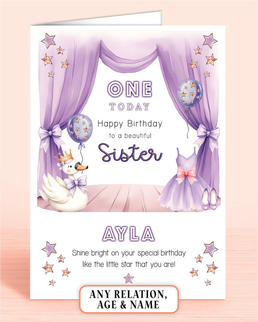 Birthday card for a sister with lilac & purple design featuring a Swan, Ballet Dress & Shoes, and balloons set on a curtained stage.