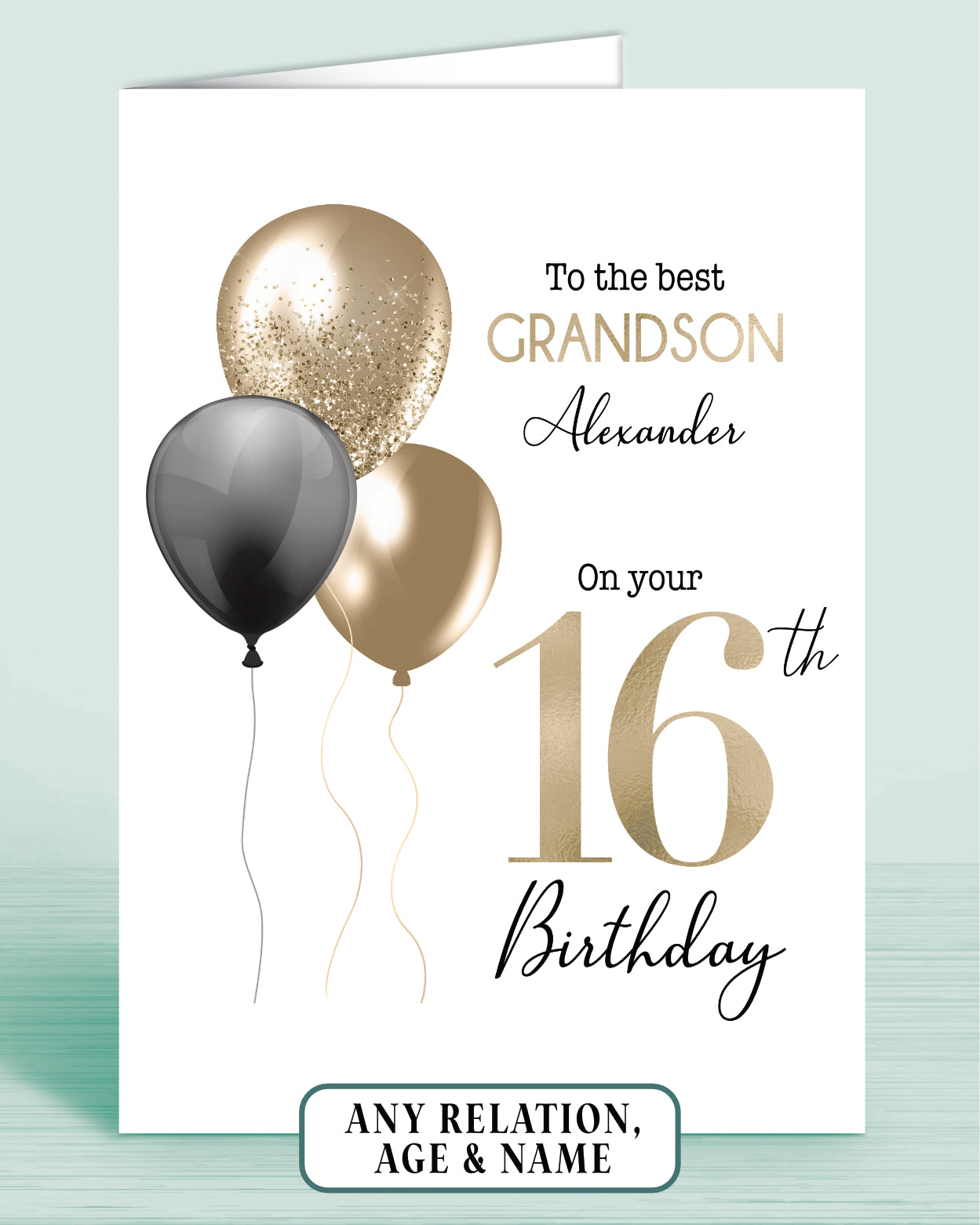 Birthday card for a grandson with balloons and personalized text reading: To the best Grandson [Name] on your 16th Birthday