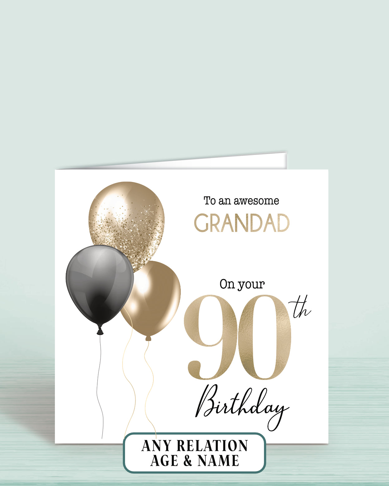 Grandad Birthday Card, 90th Birthday Card, Any Age, Any Relation, Add a name. Black & Blue Balloons Birthday Card | Oliver Rose Designs