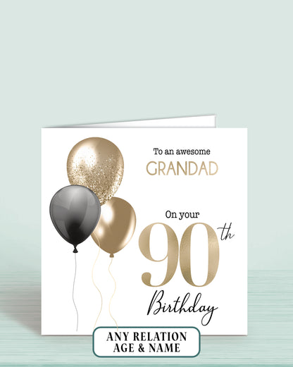 Grandad Birthday Card, 90th Birthday Card, Any Age, Any Relation, Add a name. Black & Blue Balloons Birthday Card | Oliver Rose Designs