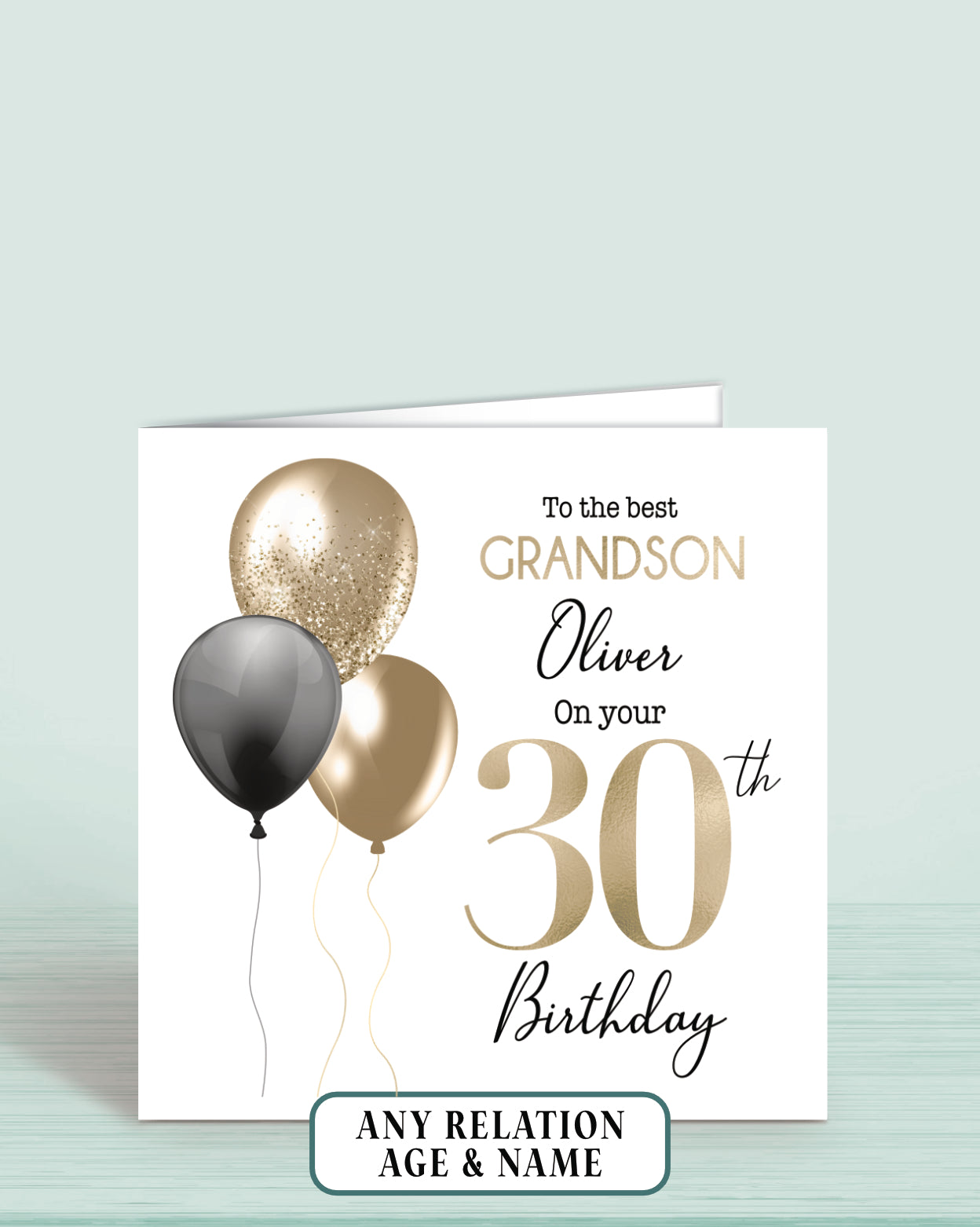 Grandson Birthday Card, 30th Birthday Card, Any Age, Any Relation, Add a name. Black & Blue Balloons Birthday Card | Oliver Rose Designs