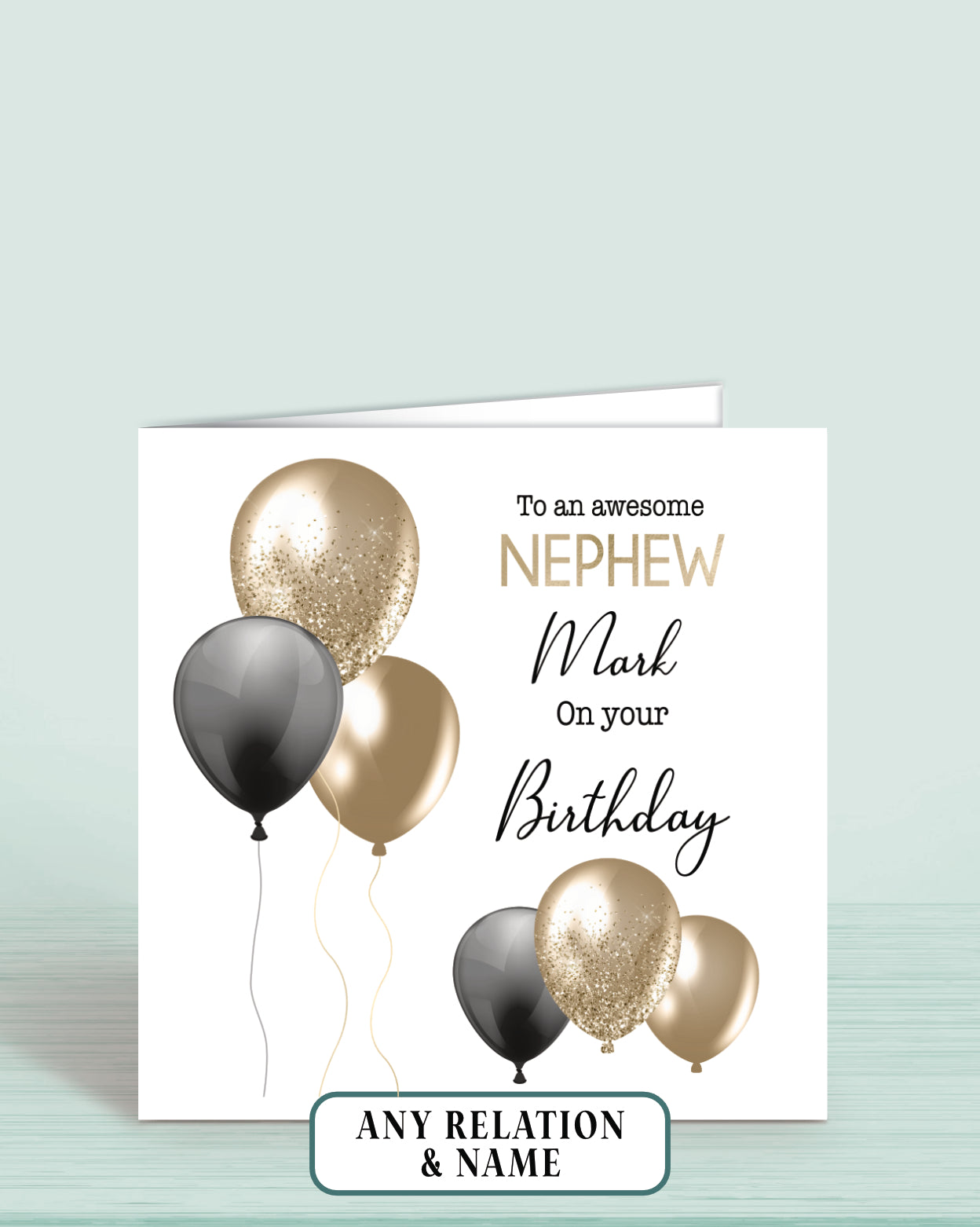 Godson Birthday Card, Personalised Birthday Card, Any Age, Any Relation, Add a name. Black & Blue Balloons Birthday Card | Oliver Rose Designs