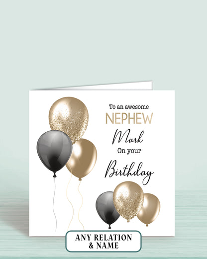 Godson Birthday Card, Personalised Birthday Card, Any Age, Any Relation, Add a name. Black & Blue Balloons Birthday Card | Oliver Rose Designs