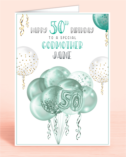 Godmother 50th Birthday Card, Green White & Gold effect Balloons & Streamers make this the perfect card for anyone of any age! Daughter, Goddaughter, Niece, Sister and beyond | Oliver Rose Designs