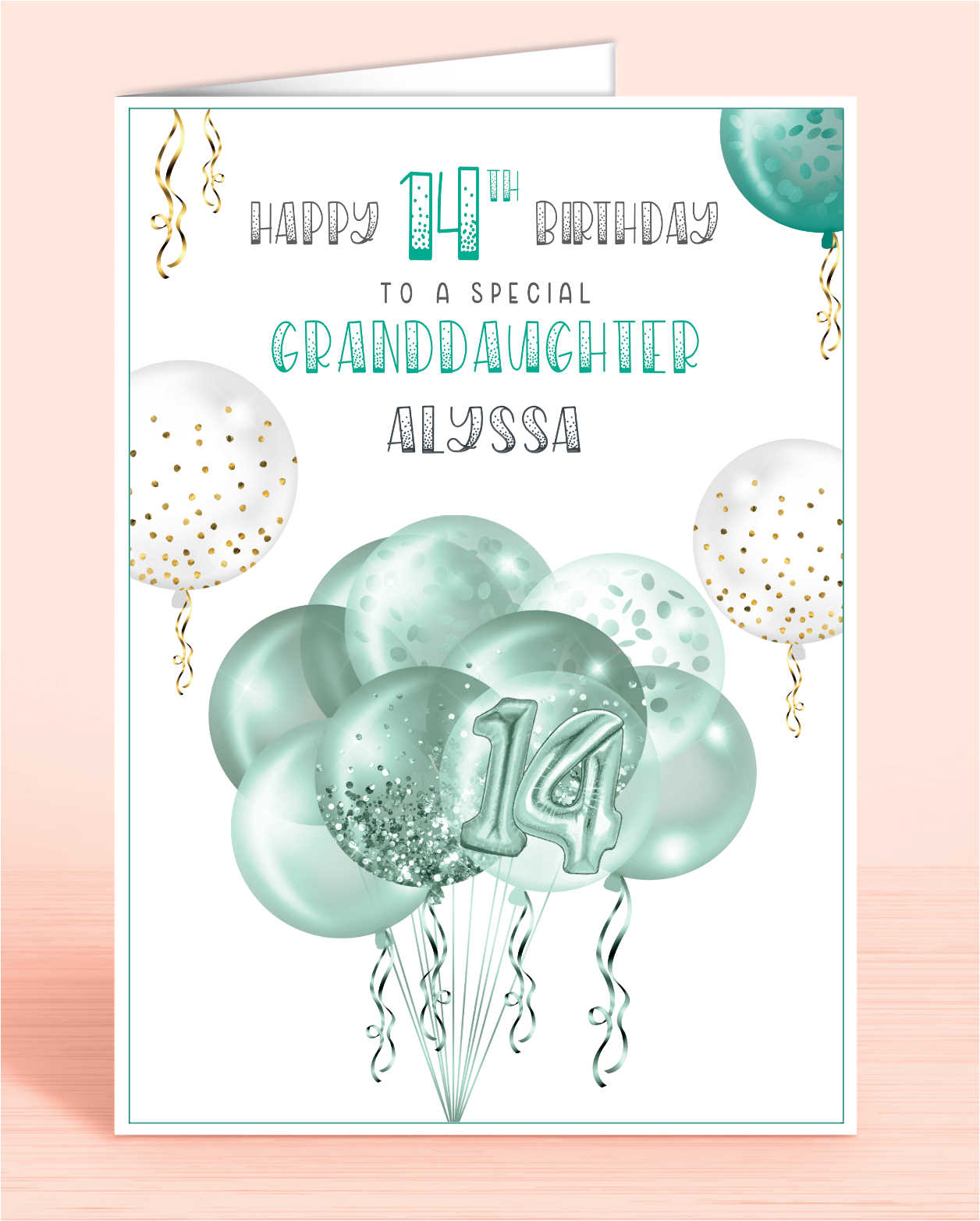 Granddaughter 14th Birthday Card, Green White & Gold effect Balloons & Streamers make this the perfect card for anyone of any age! Daughter, Goddaughter, Niece, Sister and beyond | Oliver Rose Designs