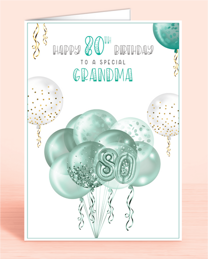 Grandma 80th Birthday Card, Green White & Gold effect Balloons & Streamers make this the perfect card for anyone of any age! Nan, Mum, Godmother, Sister and beyond | Oliver Rose Designs