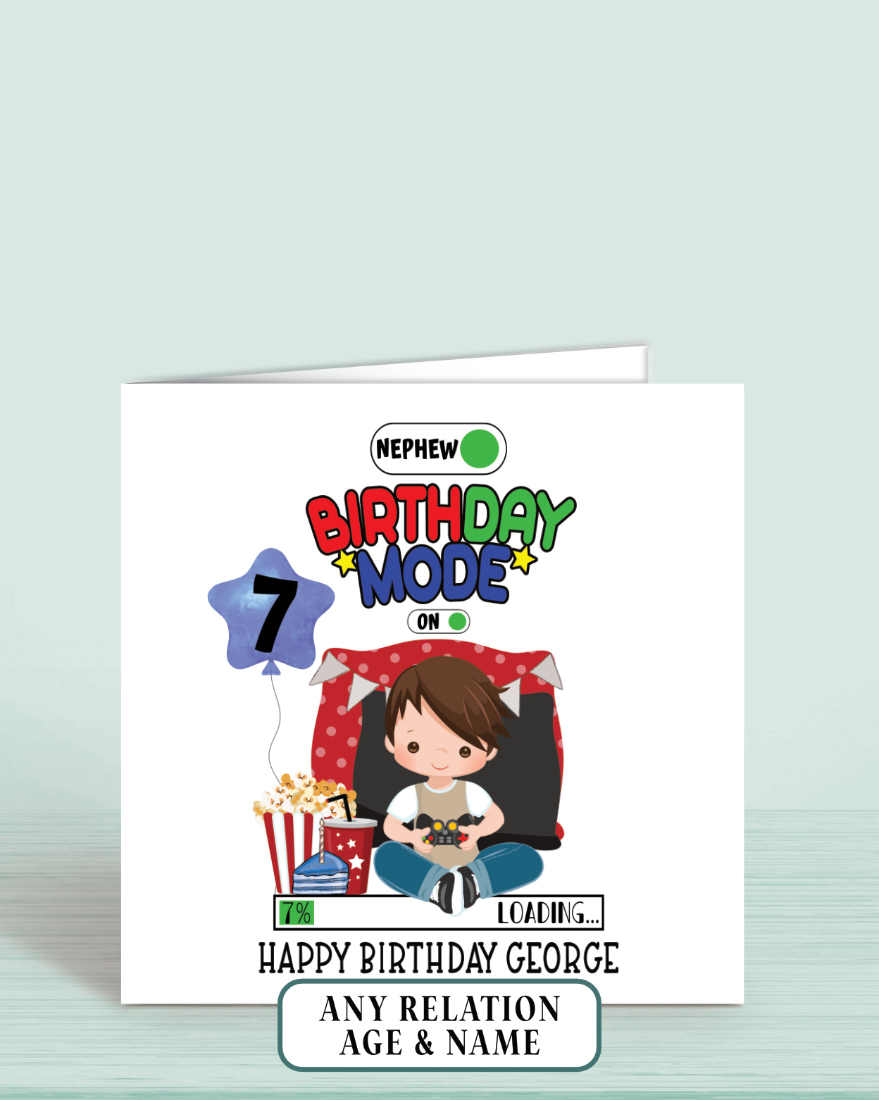 Gaming theme Nephew Birthday Card, Boys Personalised Birthday Card, Age 7 Birthday Card for Nephew with Brown Hair