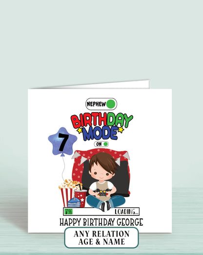 Gaming theme Nephew Birthday Card, Boys Personalised Birthday Card, Age 7 Birthday Card for Nephew with Brown Hair