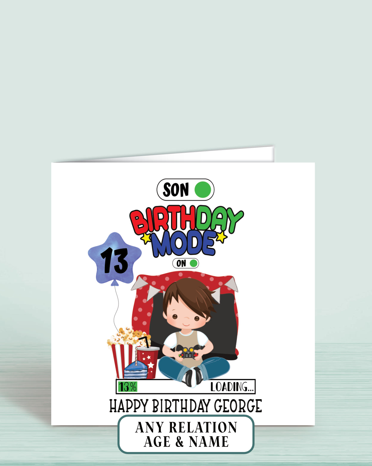 Gaming theme Son Birthday Card, Boys Personalised Birthday Card, Age 13 Birthday Card for Son with Brown Hair