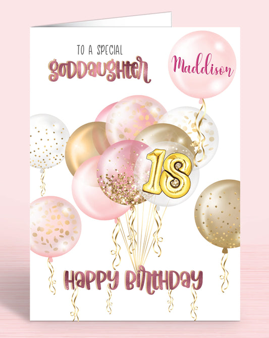 Pink & Gold effect balloons 18th birthday card, to a special godaughter, SKU: BDAYPINKA5 | Oliver Rose Designs