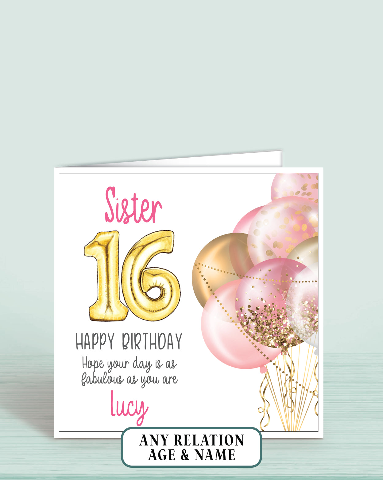 Sister Birthday Card, 16th Birthday Card for Sister, personalised with a name | Oliver Rose Designs