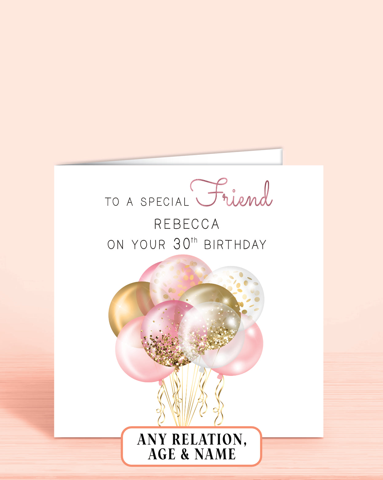 Friend Birthday Card, 30th Birthday Card for Friend, Personalised 30th Birthday Card, Pink Balloons Birthday Card (5.75" Square) - Oliver Rose Designs