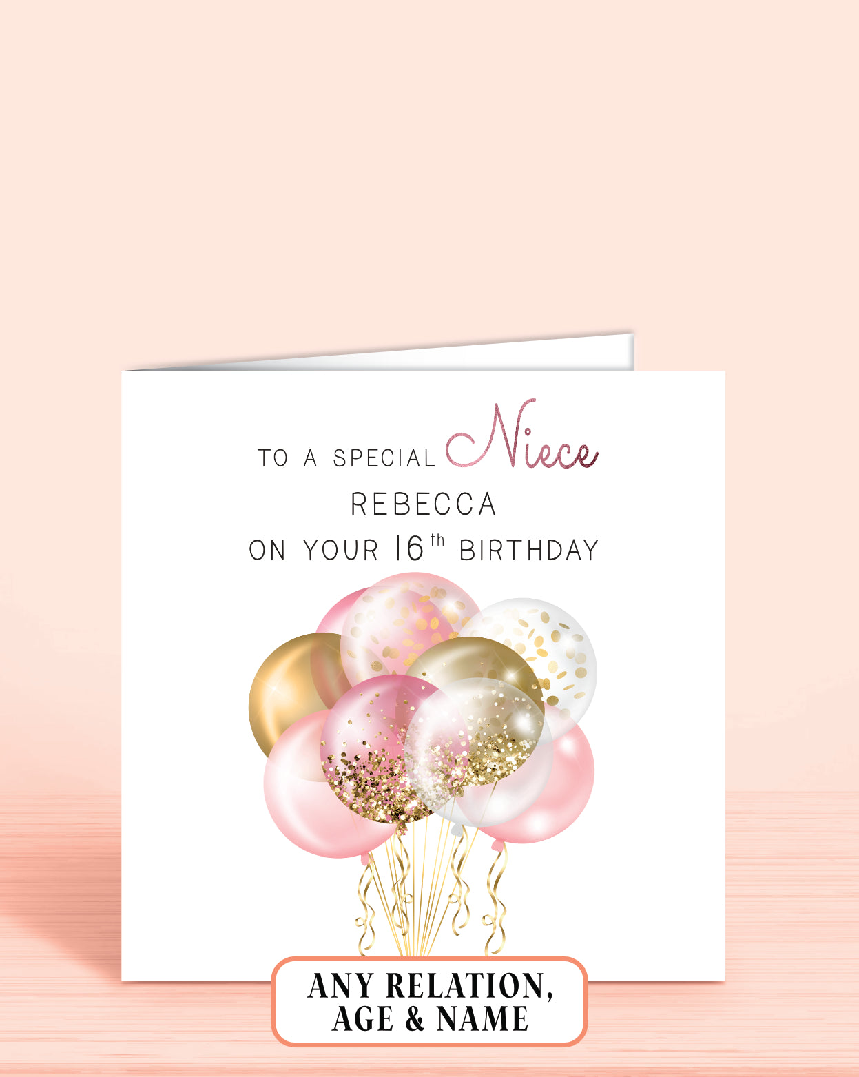 Niece Birthday Card, 16th Birthday Card for Great-Niece, Personalised 16th Birthday Card, Pink Balloons Birthday Card (5.75" Square) - Oliver Rose Designs