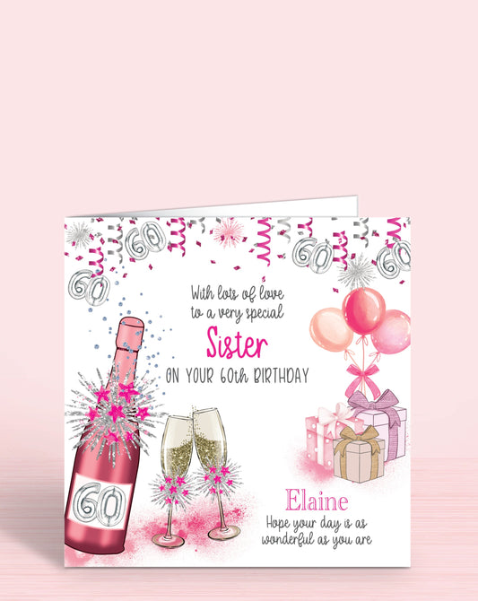 Sister 60th Birthday Card for Her, Any Relationship, Any Age, Personalised Women's Birthday Card. BDBUBBLESPINK | Oliver Rose Designs