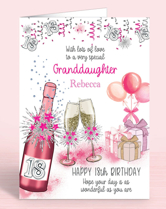 Personalised 18th Birthday Card for Granddaughter, Pink Bubbly Design | Oliver Rose Designs