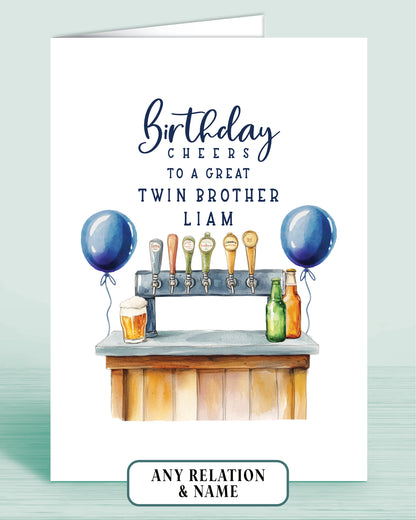 Twin Brother Birthday card with beer tap bar and blue balloons, front reads: Birthday cheers to a great Twin Brother [Name]